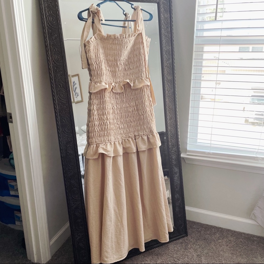 Free the Roses Light Beige Maxi Dress with Smocked Bodice
